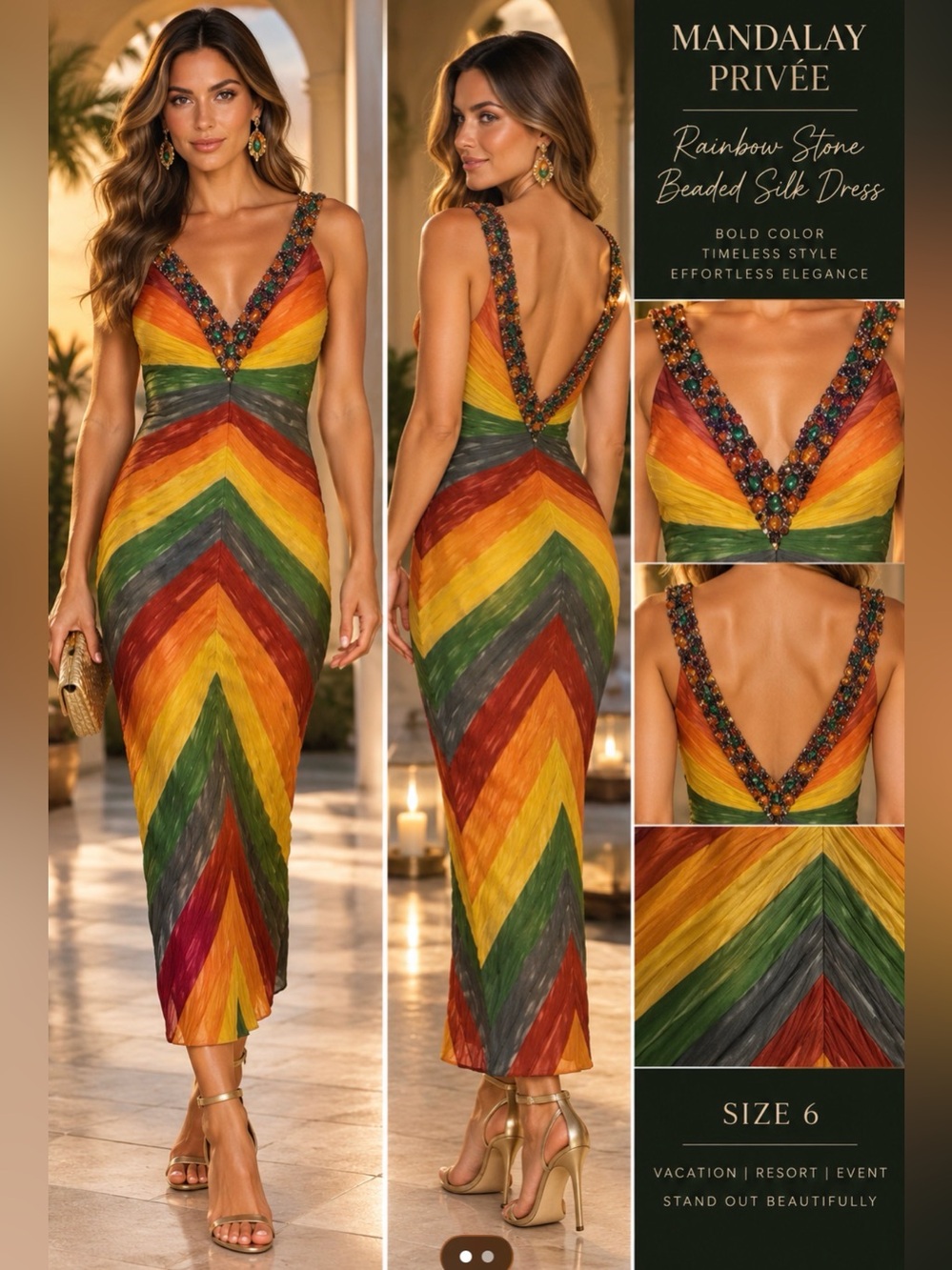 MANDALAY Privee Rainbow Stone Beaded Pleated Silk Elegant Cocktail Dress Women 6